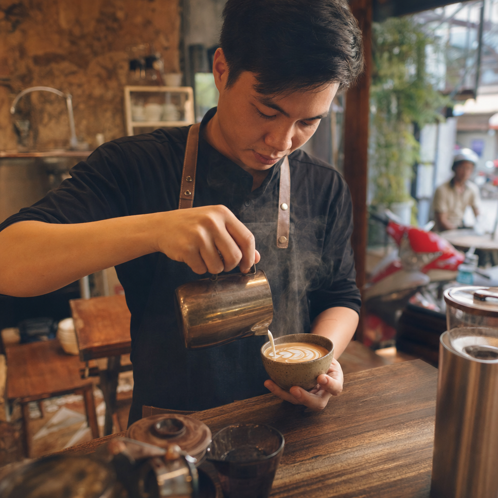 Barista rót latte art tại quán MONA Coffee Craft